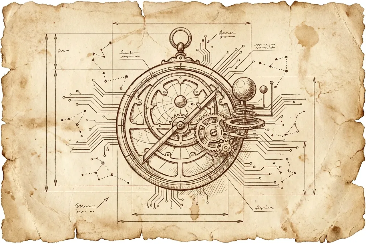 A field-notes sketch of an astrolabe wound with circuit traces — AI, instrumented and governed.
