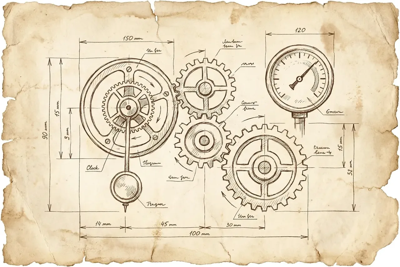 A field-notes sketch of an interlocking gear train and pressure gauge — keeping systems running.