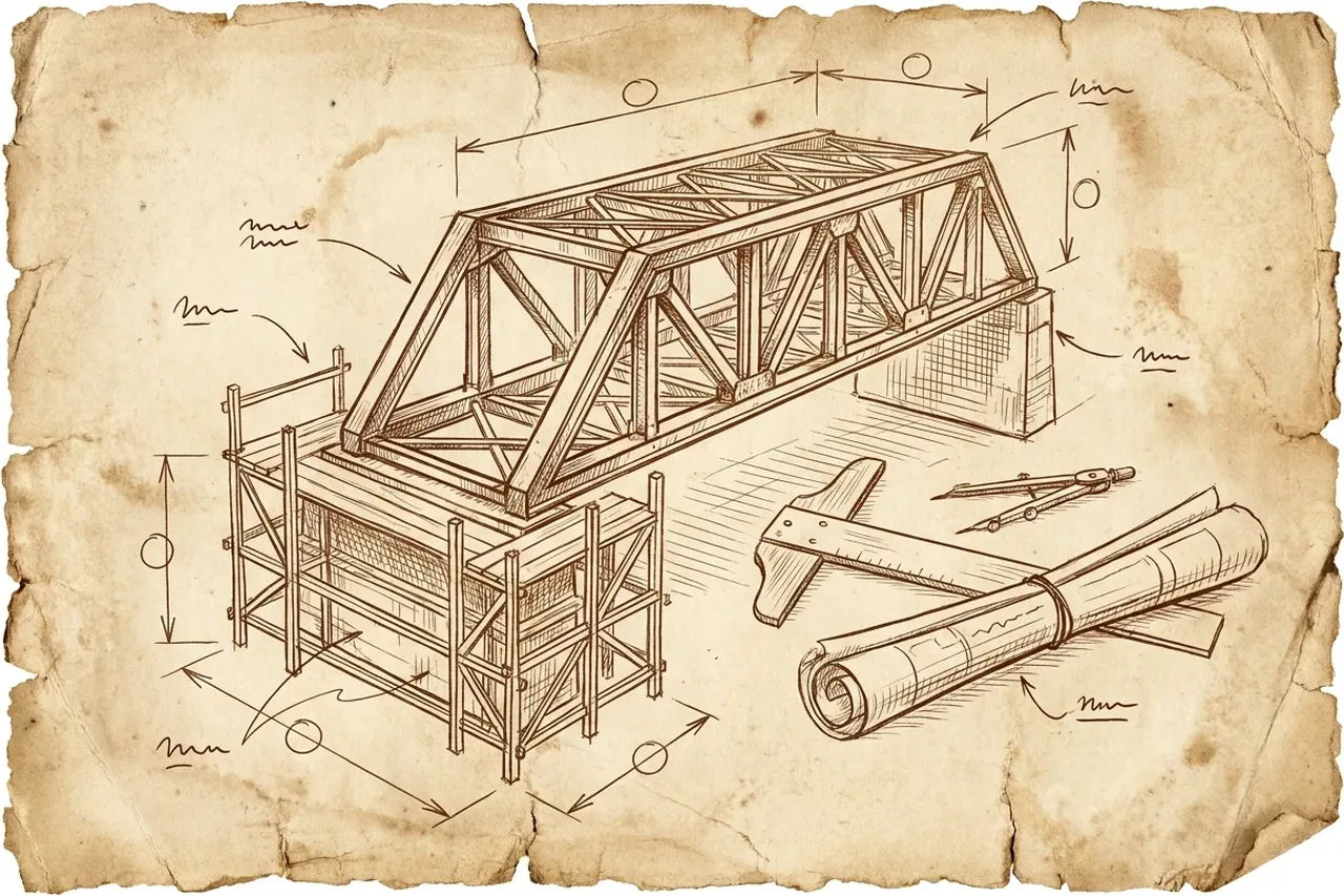 A field-notes sketch of a bridge truss, scaffold and drafting tools — building and shipping.