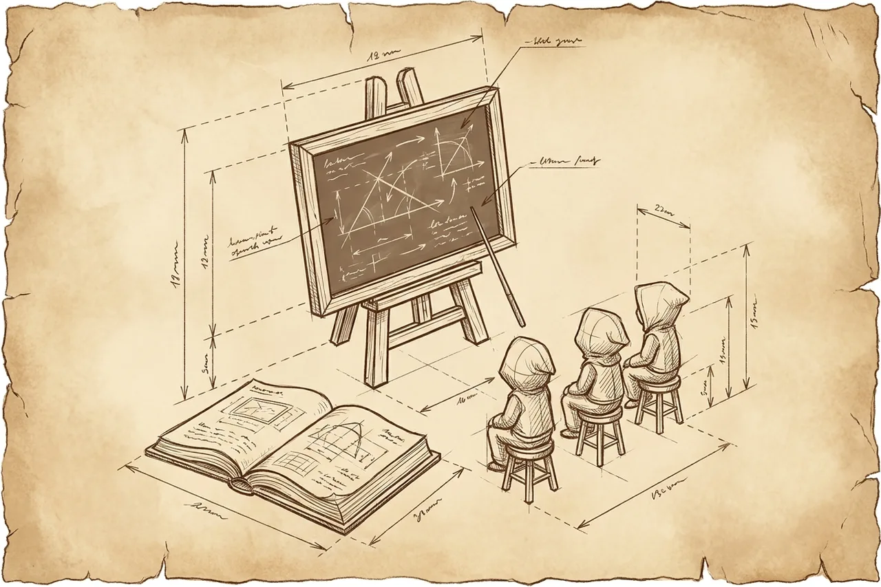 A field-notes sketch of a chalkboard, an open workbook, and seated learners — hands-on training.