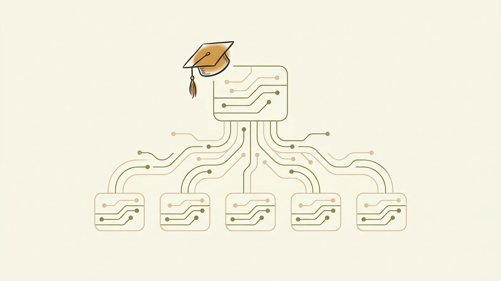 Knowledge flowing from one source out to a row of learner nodes, topped by a graduation cap — a training engagement