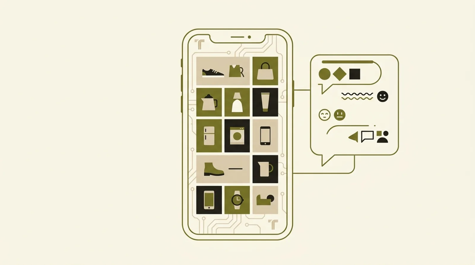 A phone storefront beside a chat bubble — a shop run from a phone