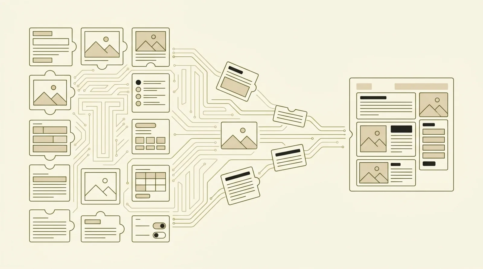 Content blocks assembling into a single published page