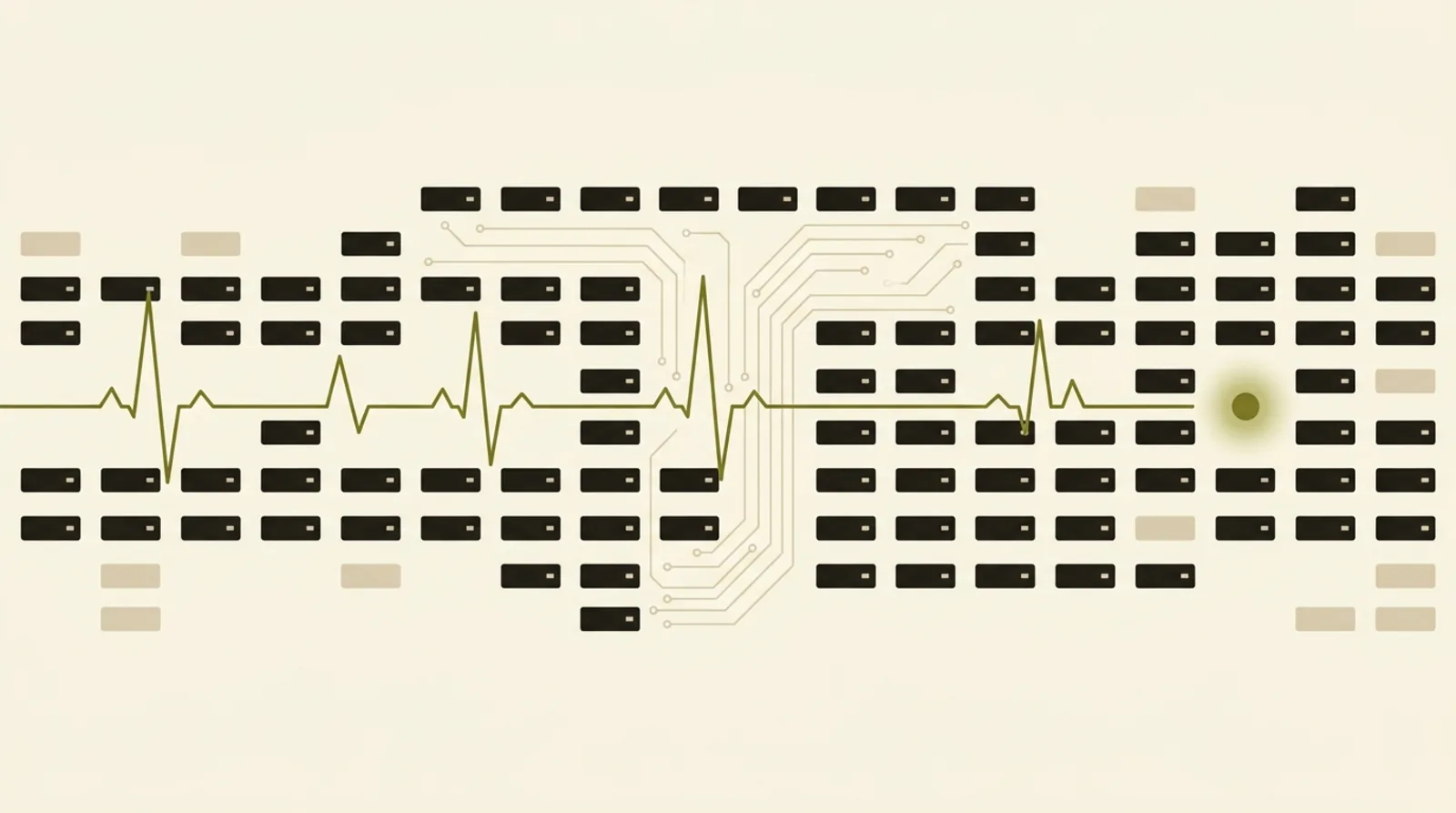 A pulse line tracking across a server grid with an alert beacon — fleet monitoring
